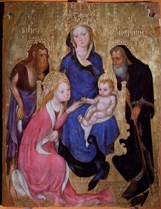 El matrimonio místico de Santa Catalina con los santos Juan Bautista y Antonio de Egipto - Pintura, hacia 1420 de Michelino Molinari da (attr. to) Besozzo