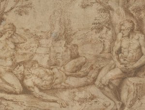 Adán y Eva lamentando la muerte de Abel, ca. 1576 de Michiel Coxie