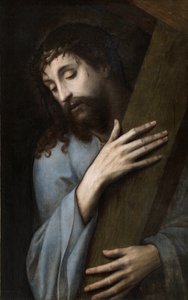 Jesús con la cruz - Pintura de Michiel Coxcie (Coxie, Coxien, De Coxien, De Coxcie, Coxius, Van Coxcie) (1499-1592), ca.1555