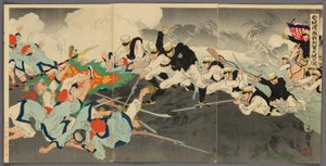 Gran victoria de nuestras tropas en la feroz batalla del vado de Ansong (Anjo no watashi waga gun taisho no zu) de Migita Toshihide