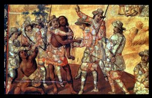 Detalle de los conquistadores cortando las manos de dos espías de Xicotencatl de Miguel Gonzalez