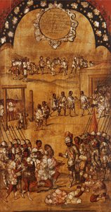 La Conquista de México, Panel III, c.1696-1715 (pintura sobre madera) de Miguel Gonzalez