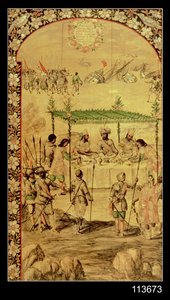 La Conquista de México: Hernando Cortés (1485-1547) ordena la destrucción de los barcos y se reúne con los embajadores de Moctezuma (1466-1520) en 1520 de Miguel and Juan Gonzalez
