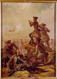 Una escena de la Guerra de Crimea (1853-1856). Detrás de la línea de las tropas del frente, los oficiales, incluido uno herido, observan el campo de batalla. Pintura de Mihaly Zichy (1827-1906), óleo sobre lienzo, hacia 1850. Arte húngaro