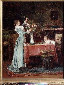 ""La composición du bouquet"" (Componer un ramo) Una mujer de clase media (¿húngara?) Prepara un ramo de flores, su hija la mira. Pintura de Mihaly Munkacsy (1844-1900) alrededor de 1880 Museo Pushkin, Moscú de Mihály Munkácsy