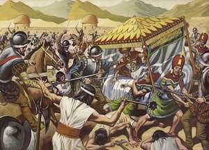 Españoles derribando el Imperio Inca de Perú. (litografía en color)
