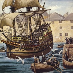 Hacia el Oeste El Mayflower sale de Plymouth Ho el 16 de septiembre de 1620 (litografía en color)