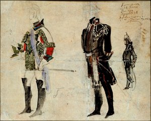Vestuario preparatorio masculino para la ópera ""La dama de picas"" de Piotr Tchaikovsky (1840-1893) (Diseño de vestuario para la ópera La dama de picas de P Tchaikovsky) - Obra de Mikhail Alexandrovich Vrubel (Vroubel) (1856-1910) .), lápiz, acuarela y ch de Mikhail Aleksandrovich Vrubel