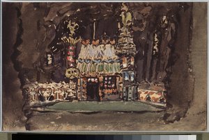 Decoración preparatoria para la ópera "" Hansel y Gretel "" de Engelbert Humperdinck (1854-1921) (Escenografía para la ópera Hansel y Gretel) - Obra de Mikhail Alexandrovich Vrubel (Vroubel) (1856-1910), crayón, acuarela y gouache en papel de Mikhail Aleksandrovich Vrubel