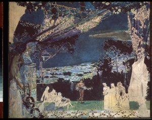 Italie, nuit a Naples - Proyecto para el telón del Teatro Privado Ruso (Italia, Noche en Nápoles, Diseño de telón para el Teatro Privado Ruso) - Obra de Mikhail Alexandrovich Vrubel (Vroubel) (1856-1910), lápiz y acuarela sobre papel de Mikhail Aleksandrovich Vrubel