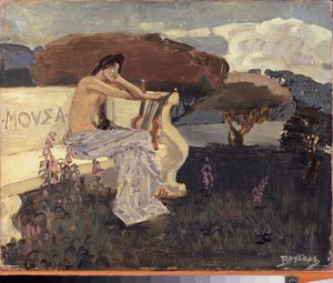 Muse, proyecto para un telón de teatro (Muse - Diseño para un telón de teatro) - Pintura de Mikhail Alexandrovich Vrubel (Vrubel) (1856-1910), óleo sobre lienzo, alrededor de 1890 - Arte escénico ruso de Mikhail Aleksandrovich Vrubel