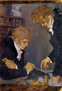 Frederic Georges Cuvier (1773-1838) y Etienne Geoffroy Saint Hilaire (1819-1842) (F. G. Cuvier y E. G. Saint Hilaire). Los dos científicos observan el cadáver de un animal. Obra de Mikhail Dmitrievich Ezuchevsky (1880-1928), óleo sobre papel