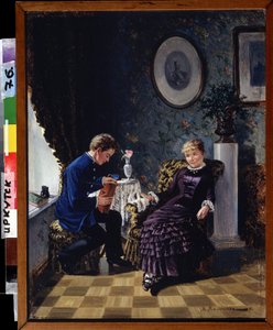 Los comienzos (El debut). En una sala de estar, un cabeza a cabeza entre un joven tímido, que sostiene un libro, y una joven sonriente, un encuentro de declaración de amor. Pintura de Mikhail Georgievich Malyshev (1852-1914), óleo sobre lienzo de Mikhail Georgievich Malyshev