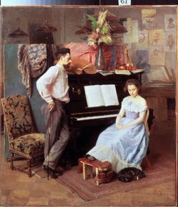 "El artista y su esposa" La joven con los ojos bajos se sienta al piano mientras su marido mira. Pintura de Mikhail Ignatiev (1870-1934) 1900 aproximadamente Galería de Arte Regional, Vologda de Mikhail Ignatiev