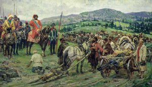 Asistiendo al líder de la revuelta campesina, Emelyan Pugachev, en los Urales (óleo sobre lienzo) de Mikhail Ivanovich Avilov