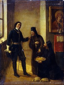 El obispo Mitrophan de Voronezh donando a Pedro I para la construcción de la flota de Azov en 1696 de Mikhail Ivanovich Terebenev