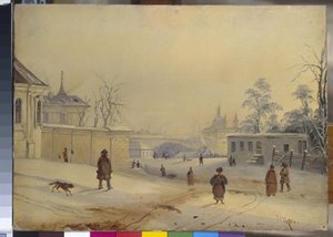 Colline de Vladimir a Kiev (Colina de Vladimir (Vladimirskaya Gorka) en Kiev). Paysage sous la neige. Oeuvre de Mikhail Makarovich Sazhin (1818- 1887), huile sur carton. Arte ruso del siglo XIX. Museo Estatal Ruso, San Petersburgo de Mikhail Makarovich Sazhin