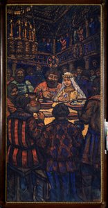 La boda del Gran Duque Vladimir I Svyatoslavich (conocido como el Gran Sol o el Sol Rojo, 958-1015) Escena del banquete de bodas - Pintura de Mikhail Nikolayevich Yakovlev (1880-1942), óleo sobre lienzo, ca. 1920