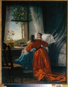 La visita a los enfermos (Visiting the Sick) una mujer arropa a una niña en un asiento, instalado cerca de la ventana - Pintura de Mikhail Petrovich, Baron Klodt (1835-1914), óleo sobre cobre
