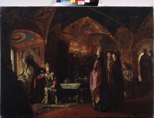 La Vivienda de la Zarina (La Vivienda de Tsarevna). Composición sobre el tema de la antigua Rusia, traje tradicional y decoración del principado de Moscú. Pintura del barón Mikhail Petrovich Klodt (1835-1914), óleo sobre lienzo de Mikhail Petrovich Klodt