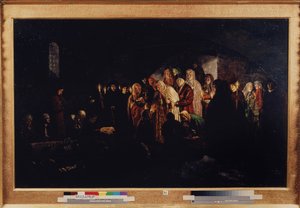 La emperatriz dando limosnas (Empress Giving Alms). La zarina, rodeada de nobles y clérigos, ofrece caridad a una asamblea de necesitados arrodillados ante ella. Pintura del barón Mikhail Petrovich Klodt (1835-1914), óleo sobre lienzo de Mikhail Petrovich Klodt