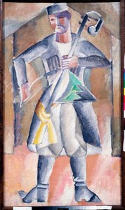 Músico (Sas Musician) - Retrato de un músico, en traje tradicional, con su instrumento, una especie de zanfona vertical con dos cuerdas estiradas, tocada con un arco - Pintura de Mikhail Vasilyevich El Dantyu (1891-1917), óleo sobre lienzo - Arte rústico de Mikhail Vasilevich Le Dantu