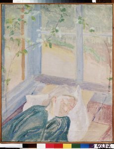 Retrato de la artista Elena (Yelena) Guro (1877-1913), esposa del pintor (Retrato del artista Y. Guro, esposa del artista). Representado durmiendo bajo las ventanas de la terraza, vestido con una blusa y con una bufanda. Pintura de Mijaíl Vasílievich Mati