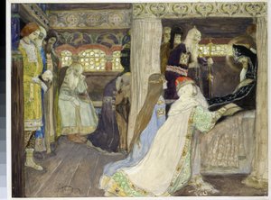 La mort du grand duc Alexandre Nevski (1220-1263). (La muerte del Gran Duque Alejandro Nevski). Obra de Mikhail Vasilyevich Nesterov (1862-1942), acuarela y gouache sobre papel de Mikhail Vasilievich Nesterov