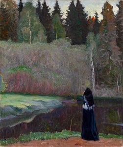 ""Le chant du rossignol"" (El ruiseñor está cantando) Una monja escuchando el canto de los pájaros - Pintura de Mikhail Vasilyevich Nesterov (1862-1942) 1918 Dim 81x68,5 cm Colección privada