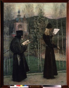 Tocando las campanas. Dos monjes leyendo mientras caminan hacia una iglesia en el fondo. Pintura de Mikhail Vasilyevich Nesterov (1862-1942), óleo sobre lienzo de Mikhail Vasilievich Nesterov