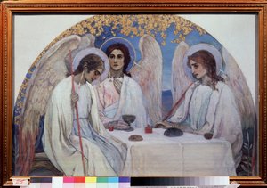 La hospitalidad de Abraham. La Trinidad del Antiguo Testamento. Representación de los tres ángeles que se aparecieron a Abraham cerca de la Encina de Mambre. (La hospitalidad de Abraham (Trinidad del Antiguo Testamento). Pintura de Mikhail Vasilyevich Nest
