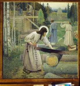 San Sergio de Radonezh (1313-1392) - Trabajos de San Sergio (Tríptico, parte central) de Mikhail Vasilievich Nesterov