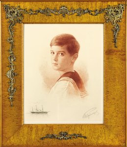 Retrato del sucesor al trono Tsarevich Alexei Nikolaevich de Rusia con una representación de la yate imperial