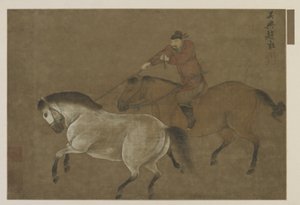 Un jinete lazando un caballo