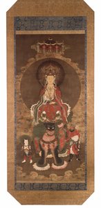 El Bodhisattva Mañjusrî sobre un león, finales del siglo XIV (tinta, color y pigmento dorado sobre seda) de Ming Dynasty Chinese School