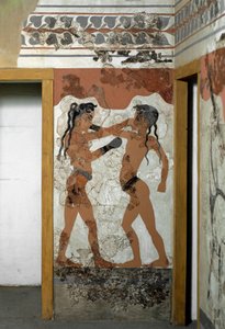 Arte minoico: lucha entre dos boxeadores. Fresco de Akrotiri en Santorini. Siglo XVI a.C. Atenas, Museo Arqueológico Nacional
