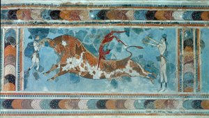 Civilización minoica: escena de taurokathapsia (o taurocatapsia), deporte cretense que consiste en saltar sobre el lomo de un toro de Minoan