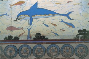 Primer plano de un mural en un palacio, Palacio de Minos, Knossos, Creta, Grecia de Minoan