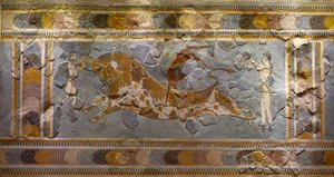 (detalle) del fresco del salto del toro. Encontrado en Knossos de Minoan