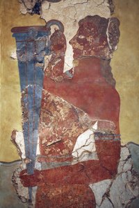 Arte minoico. El “Portador de Copas”, una figura del fresco de la procesión. Reconstrucción original a partir de los pocos fragmentos encontrados por A. Evans en el sitio arqueológico de Knossos y ahora expuestos en el Museo Arqueológico de Heraklion. Mues