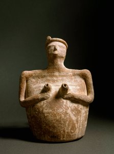 Arte minoico: jarrón de terracota en forma de mujer sosteniendo su pecho. Del santuario de Piskokephalo en Creta. 1700-1450 a.C. Heraklion, Museo Arqueológico de Minoan
