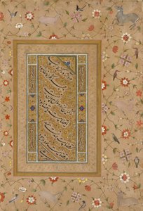 Page from the Late Shah Jahan Album: Persian Calligraphy Framed by an Ornamental Border of Flowers and Birds de Mir 