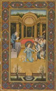 Jesús entre los doctores en el Templo, c. 1760 (acuarela opaca con oro sobre papel, bordes florales en colores sobre fondo dorado)