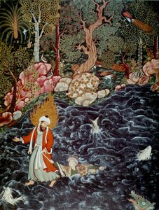 El profeta Elías rescatando al príncipe Nur ad-Dahr del Hamzanama, 1562-1577 de Mir Sayyid Ali
