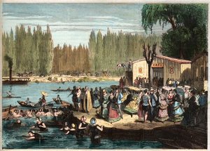 Nadando en La Grenouillere, a las afueras de París - La grenouillere en Croissy-sur-Seine en 1869 - según Miranda