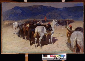 La ruptura de la caballería, el 29º regimiento de caballería en Bukhara. (El resto de la Caballería, El Regimiento de Caballería 29 en Bukhara). Caballos sin jinete de un regimiento del Ejército Rojo alineados en la estepa durante la Revolución de Octubre  de Mitrofan Borisovic Grekov