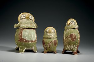 Tres vasijas efigie de terracota policromada mixteca de Mixtec