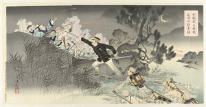 La feroz batalla en el río Ansung, el heroísmo del capitán Matsuzaki Anjô no watashi daigekisen Matsuzaki Taii yûmo (título sobre objeto) de Mizuno Toshikata