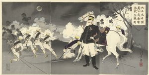 ¡Viva el gran Japón Imperial! Imagen de la gran victoria en Pyongyang. Dai Nihon Teikoku Banbanzai. Heijo besó a daisho no zu. (título en el objeto)