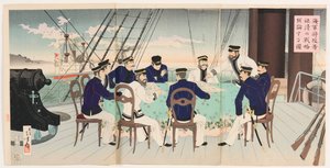 Oficiales navales discutiendo estrategias de batalla para la subyugación de China